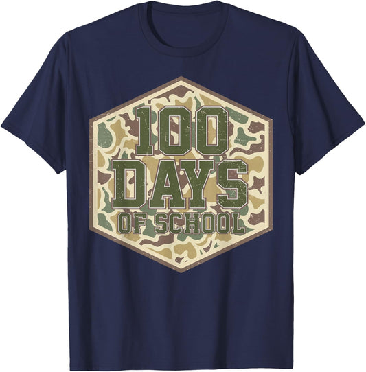 Retro Camo 100 Days of School Teacher Student Boy Girl Kids T-Shirt - T-Shirt | Navy