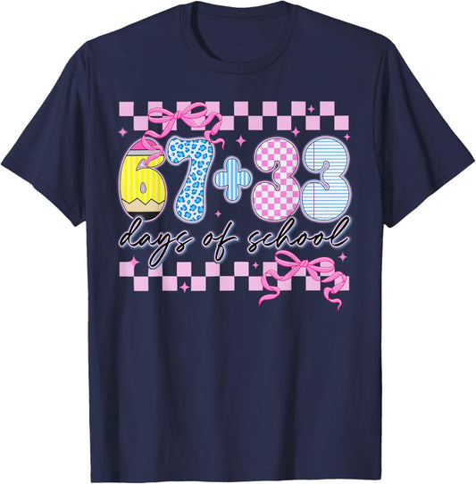 67 33 Days of School 100th Day Coquette Bow Girl Teacher T-Shirt - T-Shirt | Navy