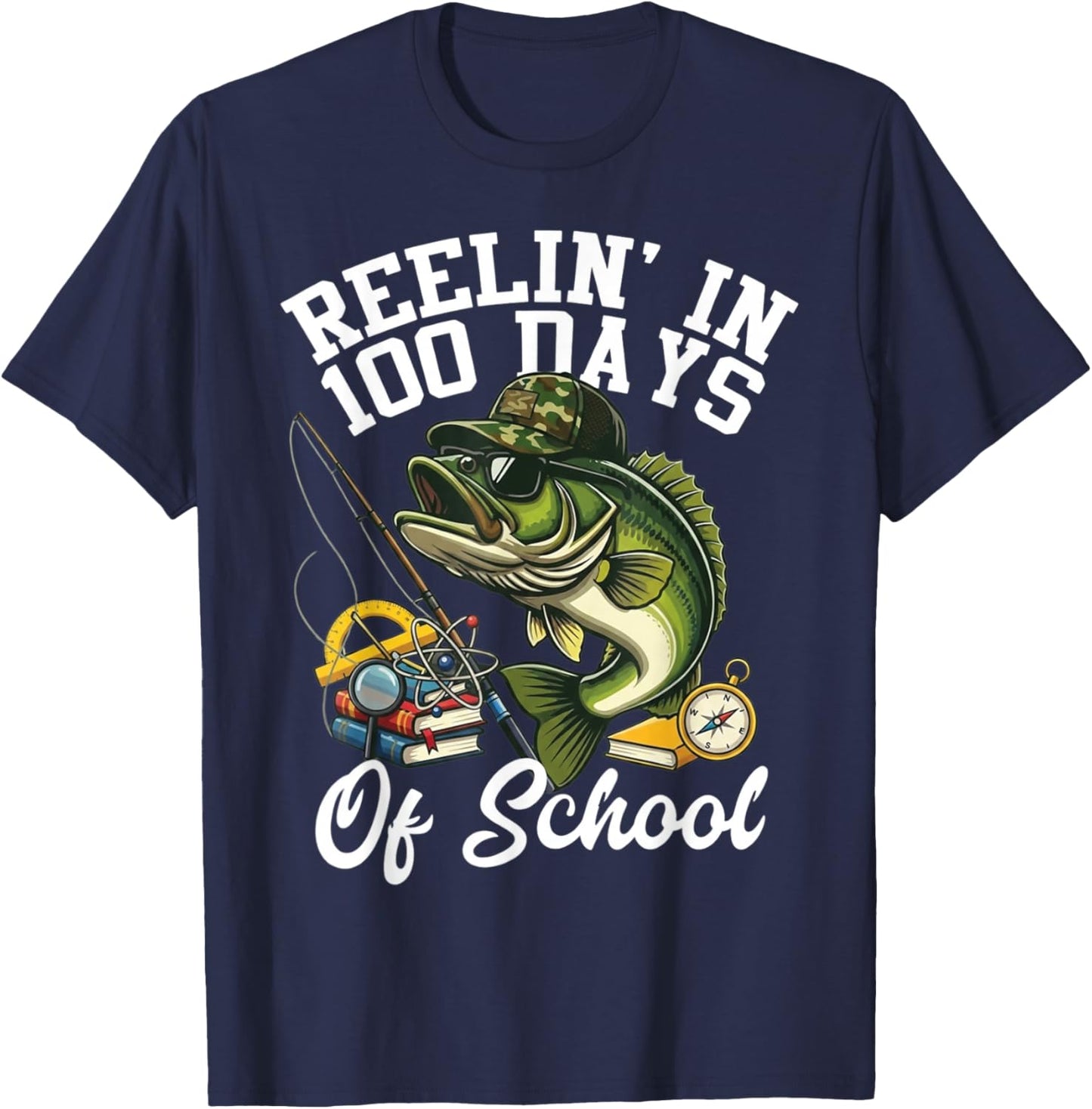 Reelin' in 100 Days of School Bass Camo Fishing Lover Boys T-Shirt - T-Shirt | Navy