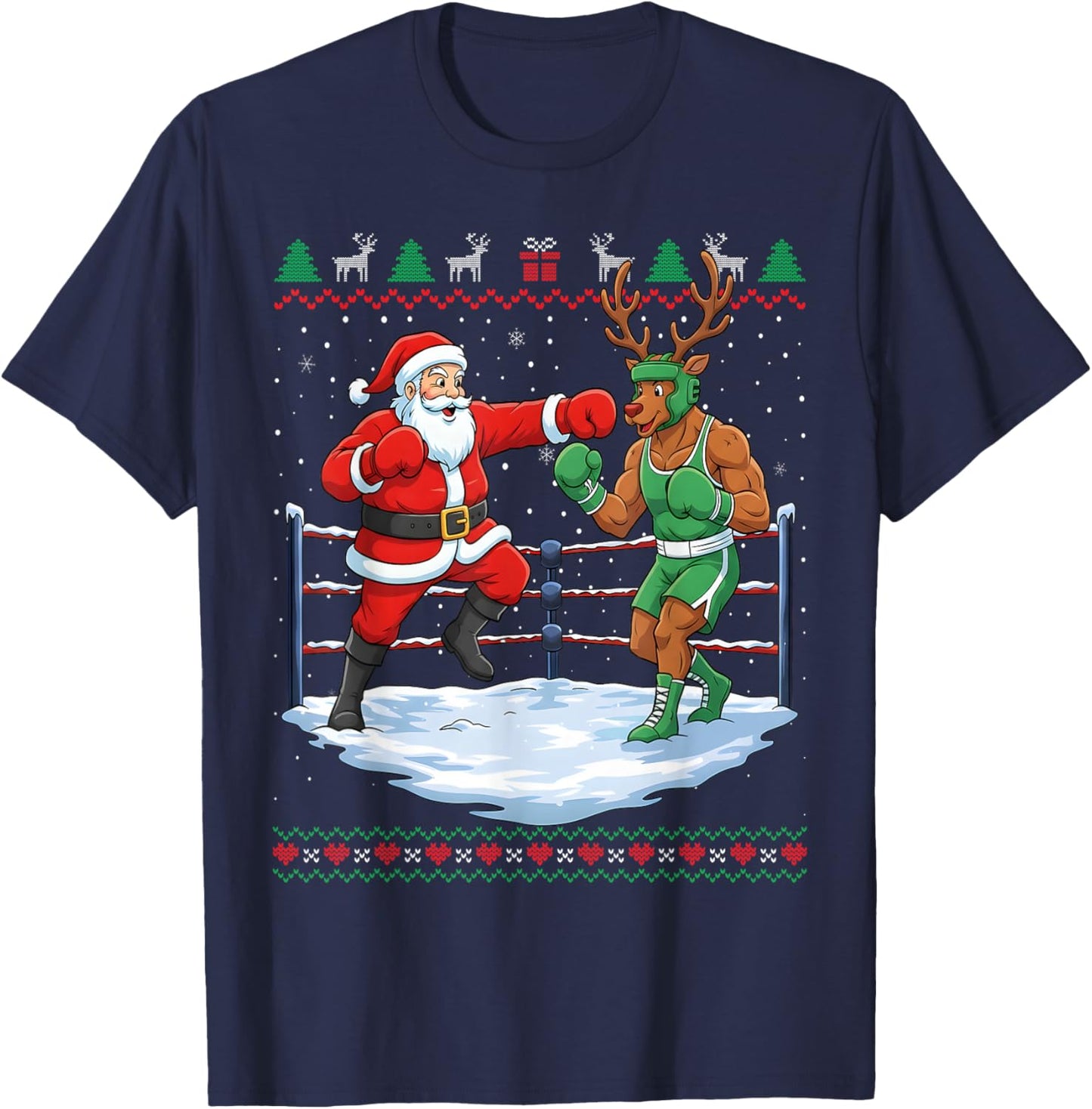 Funny Santa Boxing Christmas Reindeer Ugly Sweater T-Shirt - T-Shirt | Navy