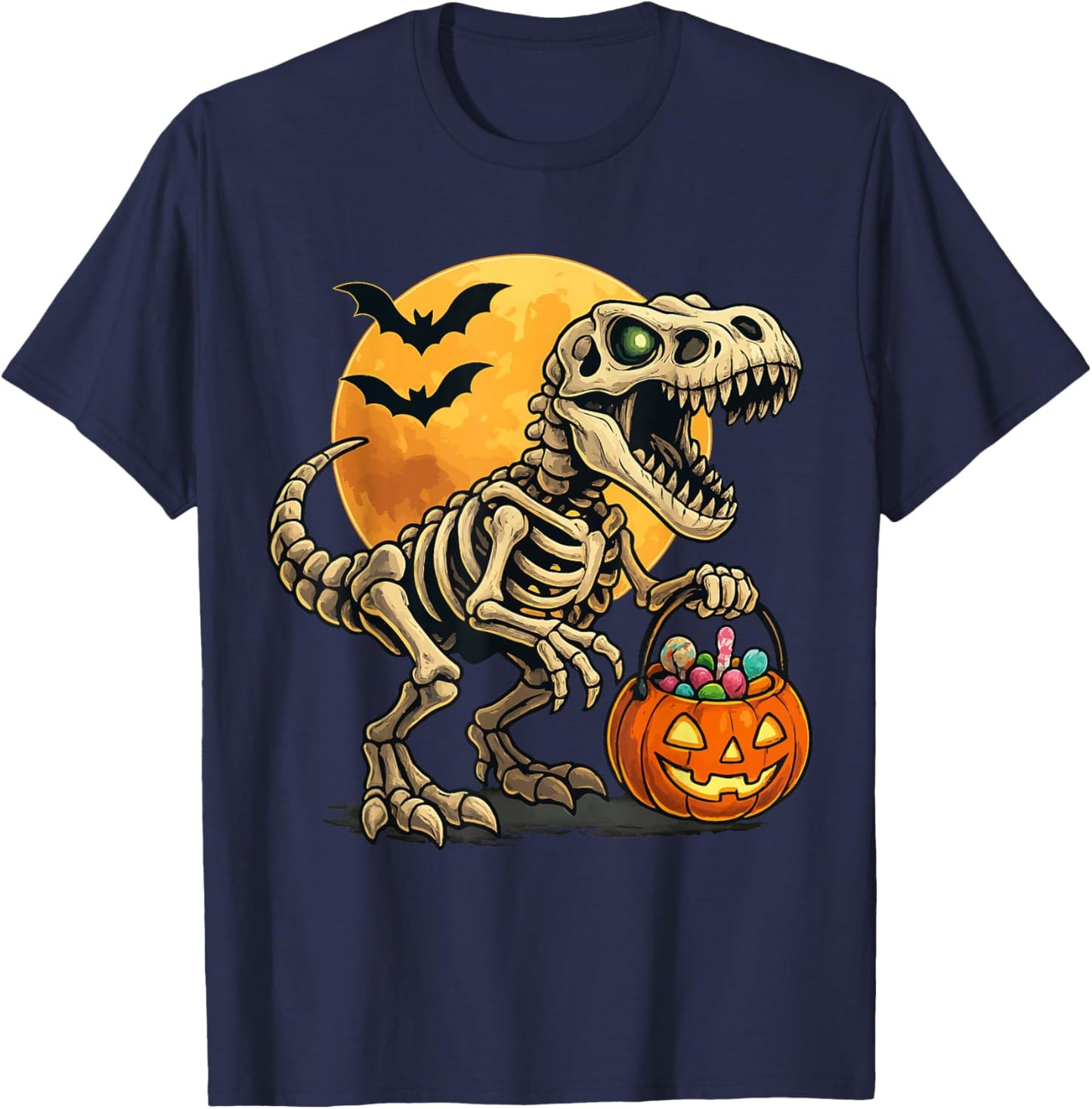 Halloween Boys Dinosaur Skeleton T rex Scary Pumpkin Moon T-Shirt - T-Shirt | Navy