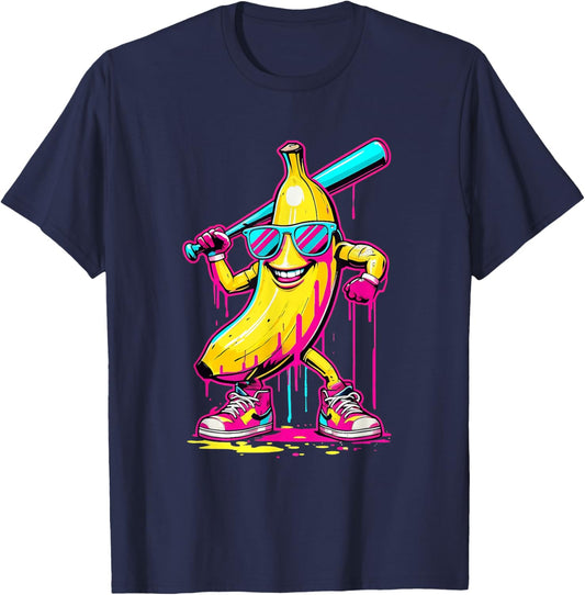 Banana with Baseball Bat Street Funny Baseball Drip T-Shirt - T-Shirt | Navy
