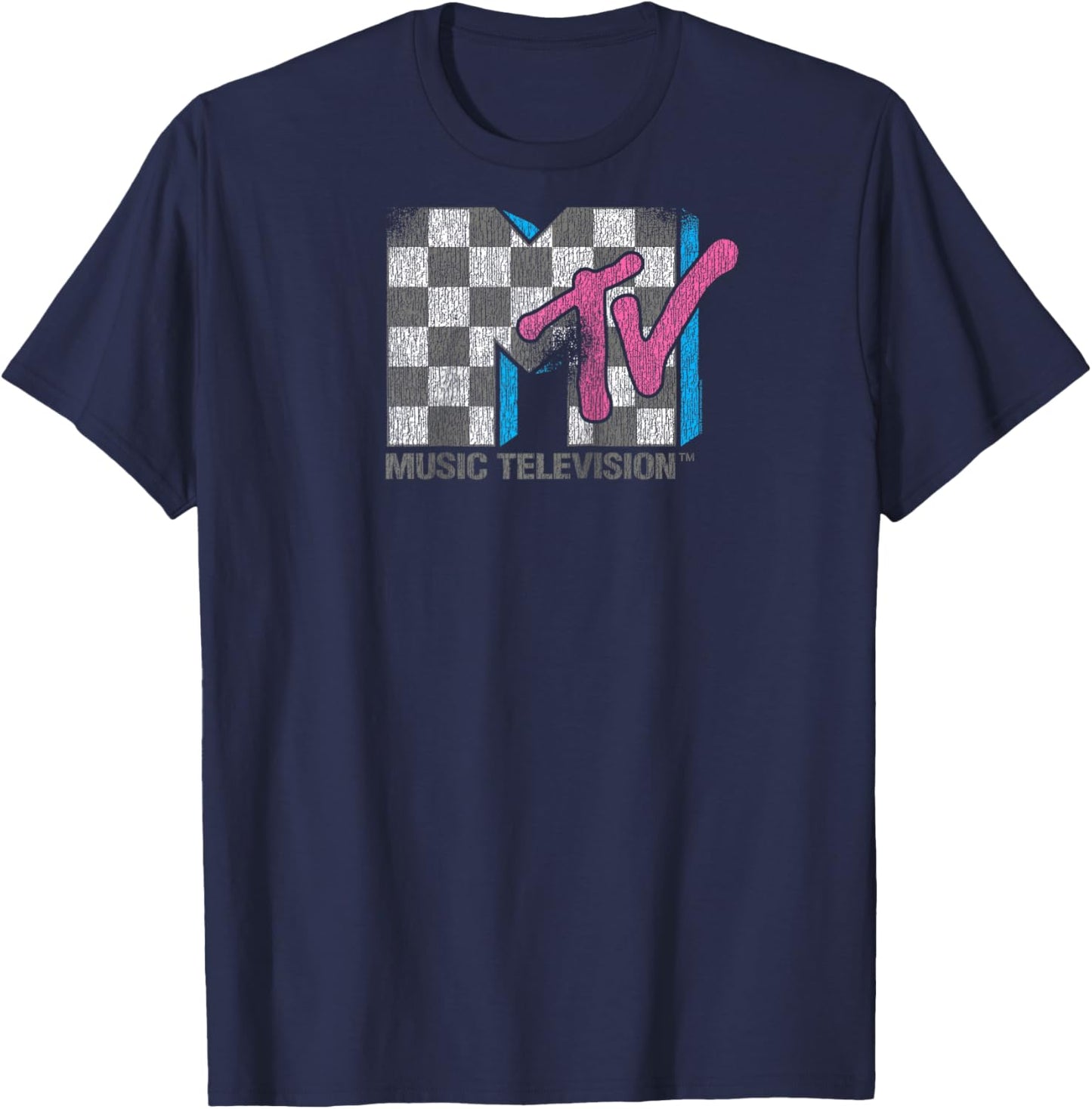 MTV Distressed Vintage Checkerboard Logo Music Television Raglan Baseball T-Shirt - T-Shirt | Navy
