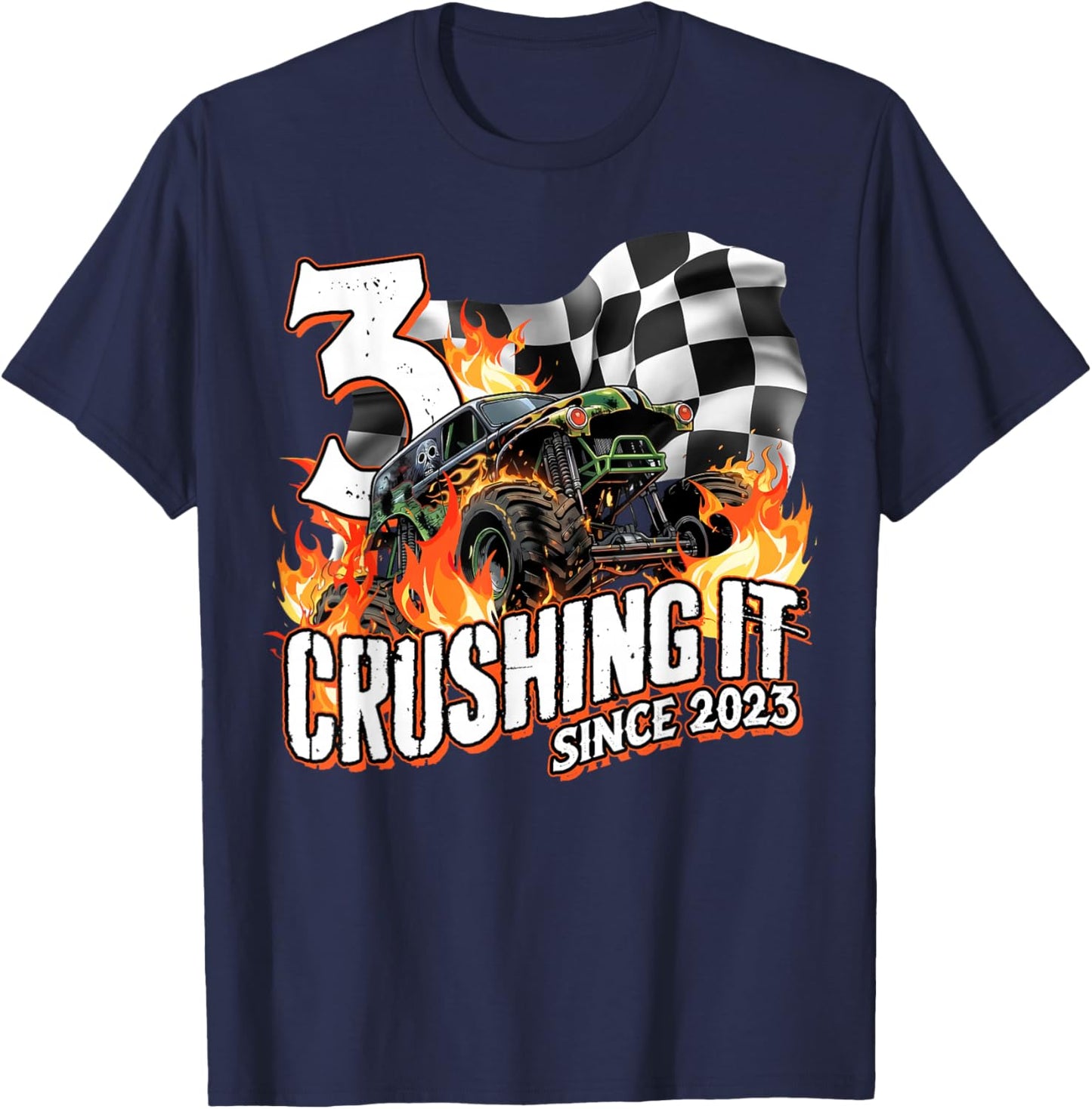 Birthday Monster Truck 3 Years Old Boys 3rd Party Born 2023 T-Shirt - T-Shirt | Navy