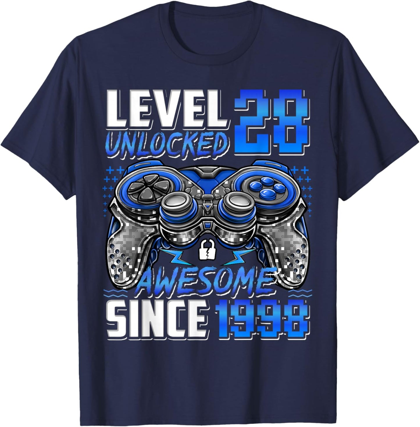 Level 28 Unlocked Awesome Since 1998 28th Birthday Gaming T-Shirt - T-Shirt | Navy