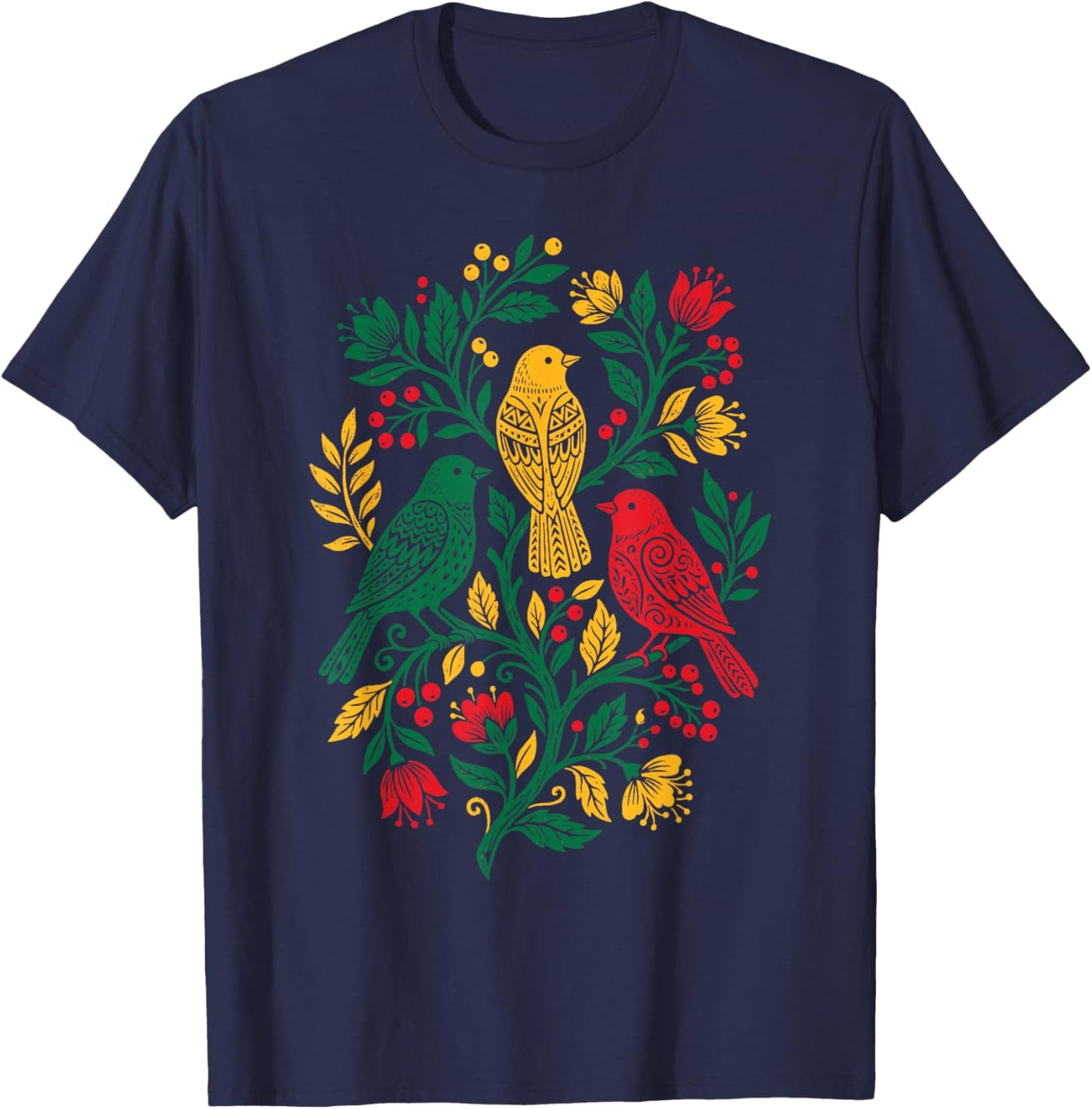 Rasta Reggae Roots Three Birds Jamaica Folk Art Floral T-Shirt - T-Shirt | Navy