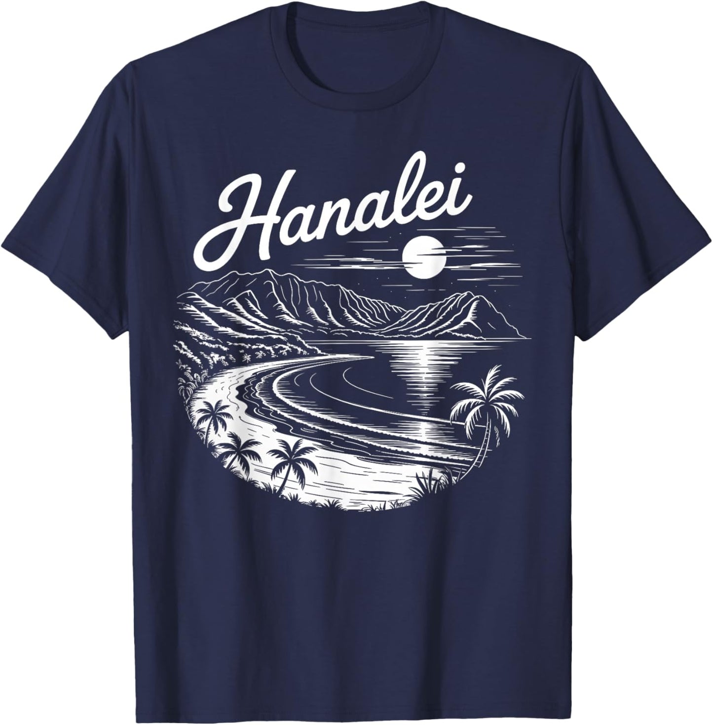 Hanalei Beach Bay Kauai Retro Hawaii Hawaiian Island Moon T-Shirt - T-Shirt | Navy