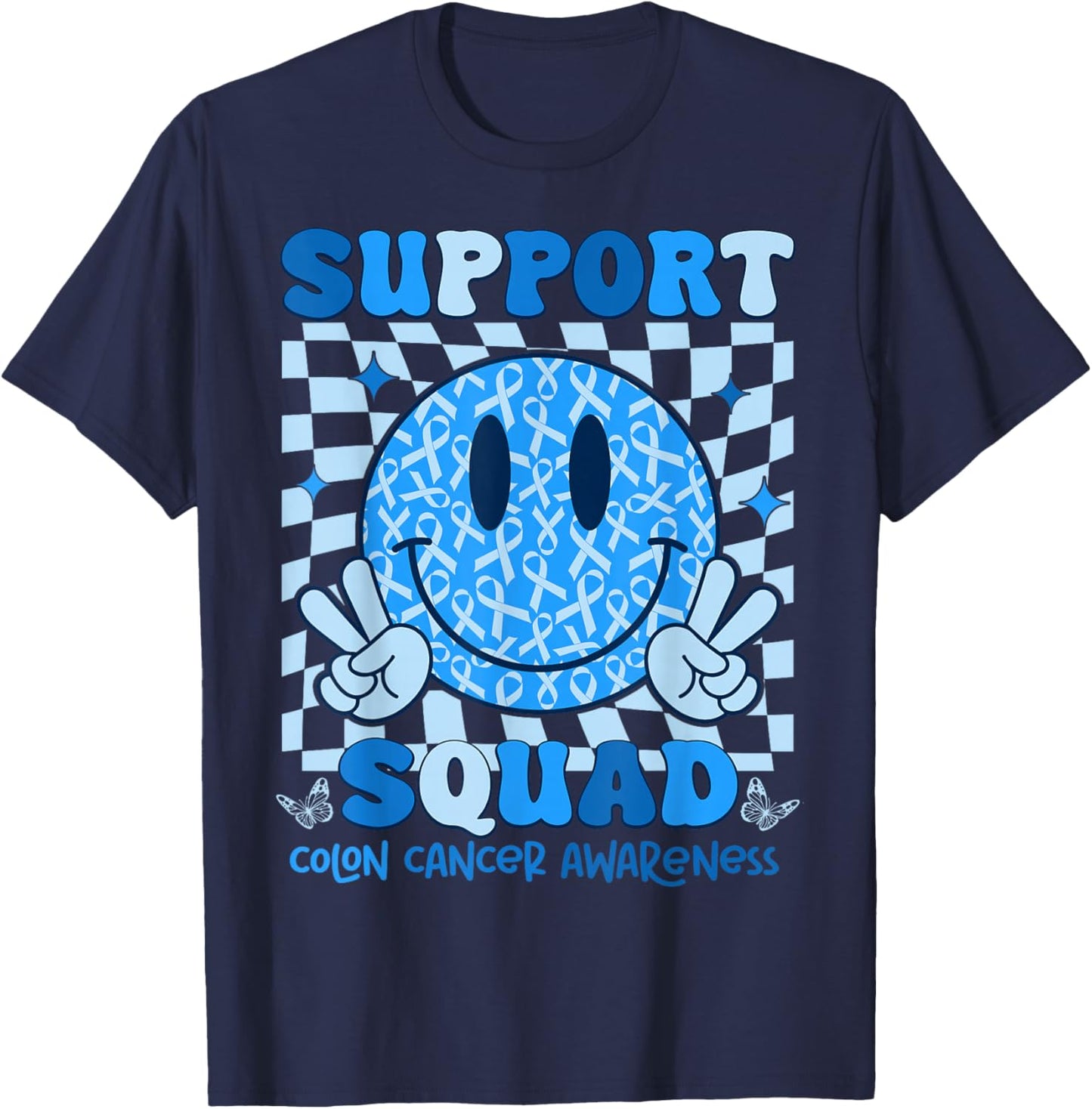 Retro Support Squad Blue Ribbon Colon Cancer Awareness T-Shirt - T-Shirt | Navy