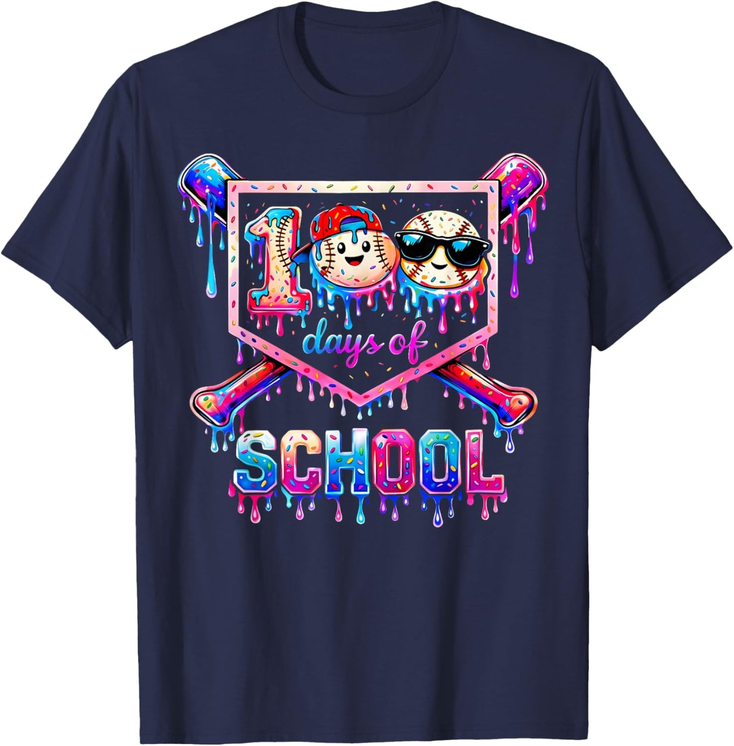 100 Days of School Baseball Drip Boys Gifts Kids T-Shirt - T-Shirt | Navy