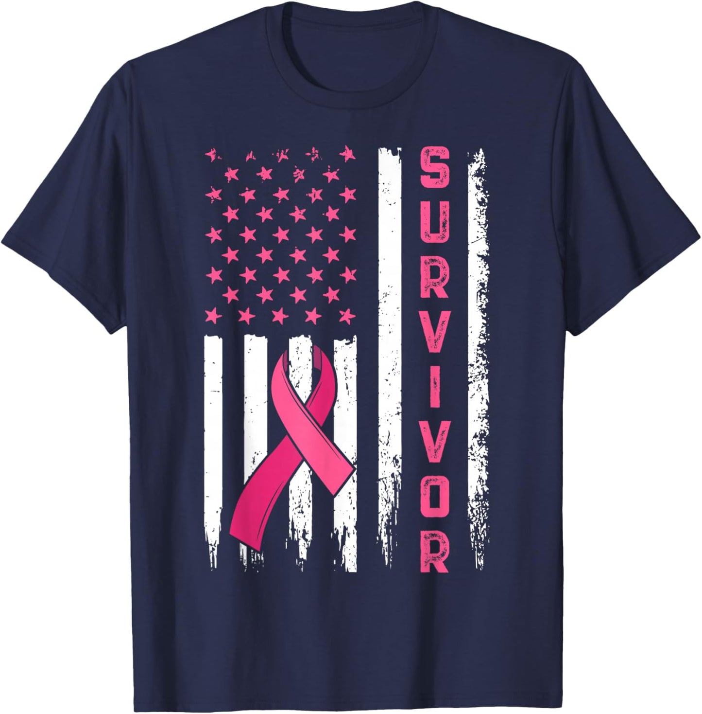 Survivor Breast Cancer Awareness Pink Ribbon US Flag T-Shirt - T-Shirt | Navy