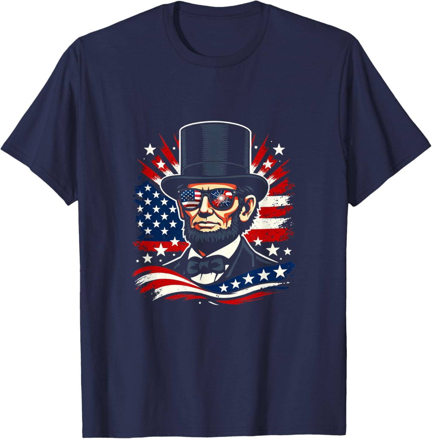 Abraham Lincoln Flag Sunglasses Patriotic Fireworks USA T-Shirt - T-Shirt | Navy