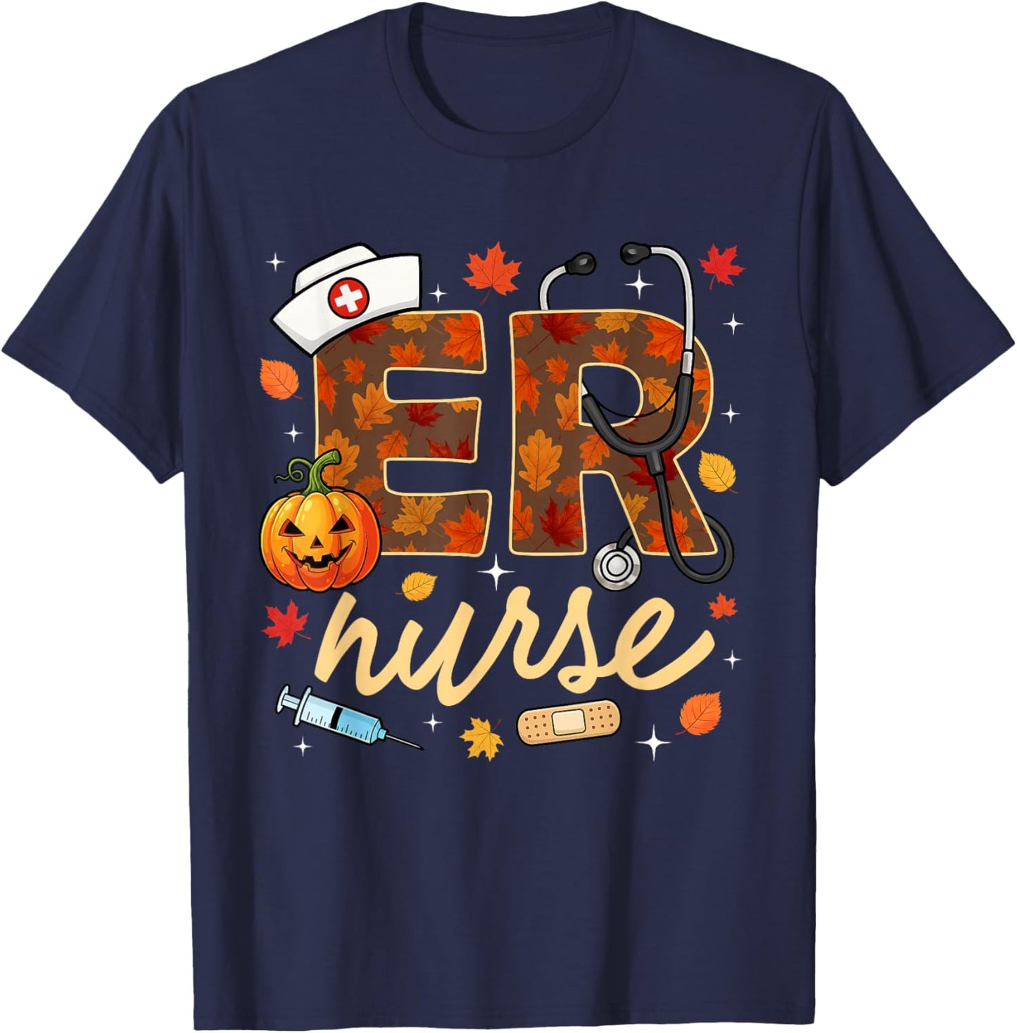 ER Nurse Pumpkin Fall Thanksgiving Emergency Department T-Shirt - T-Shirt | Navy