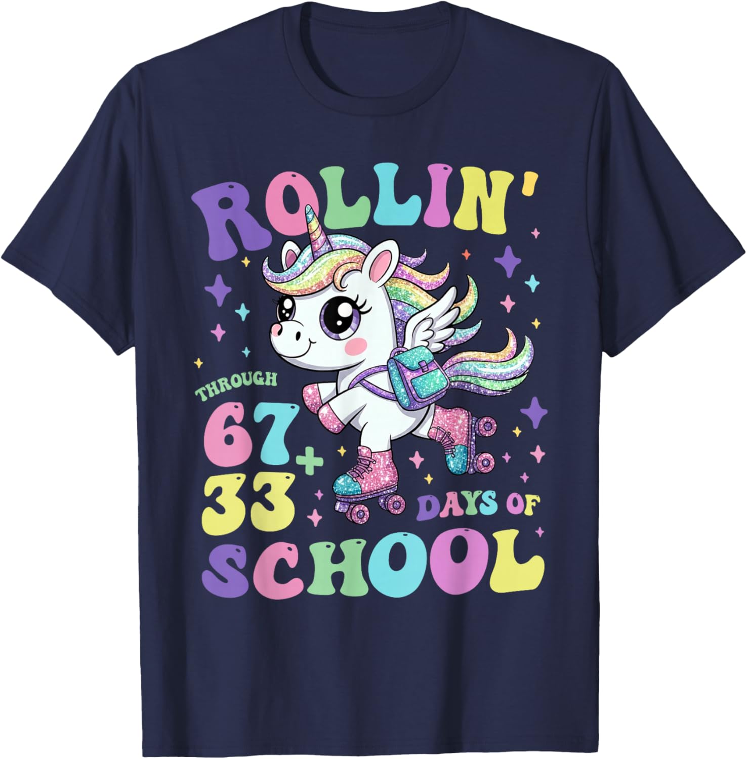 Rollin Through 100 Days of School Girls Teacher Unicorn T-Shirt - T-Shirt | Navy