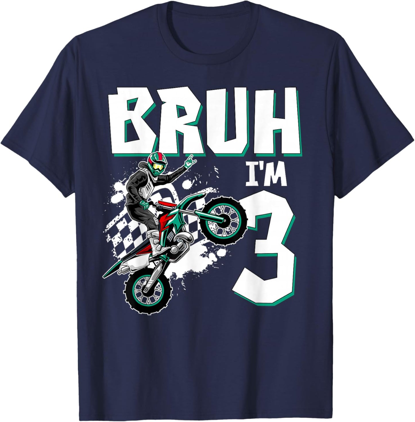 Bruh I'm 3 Motocross Birthday Motorcycle Themed 3rd Birthday T-Shirt - T-Shirt | Navy