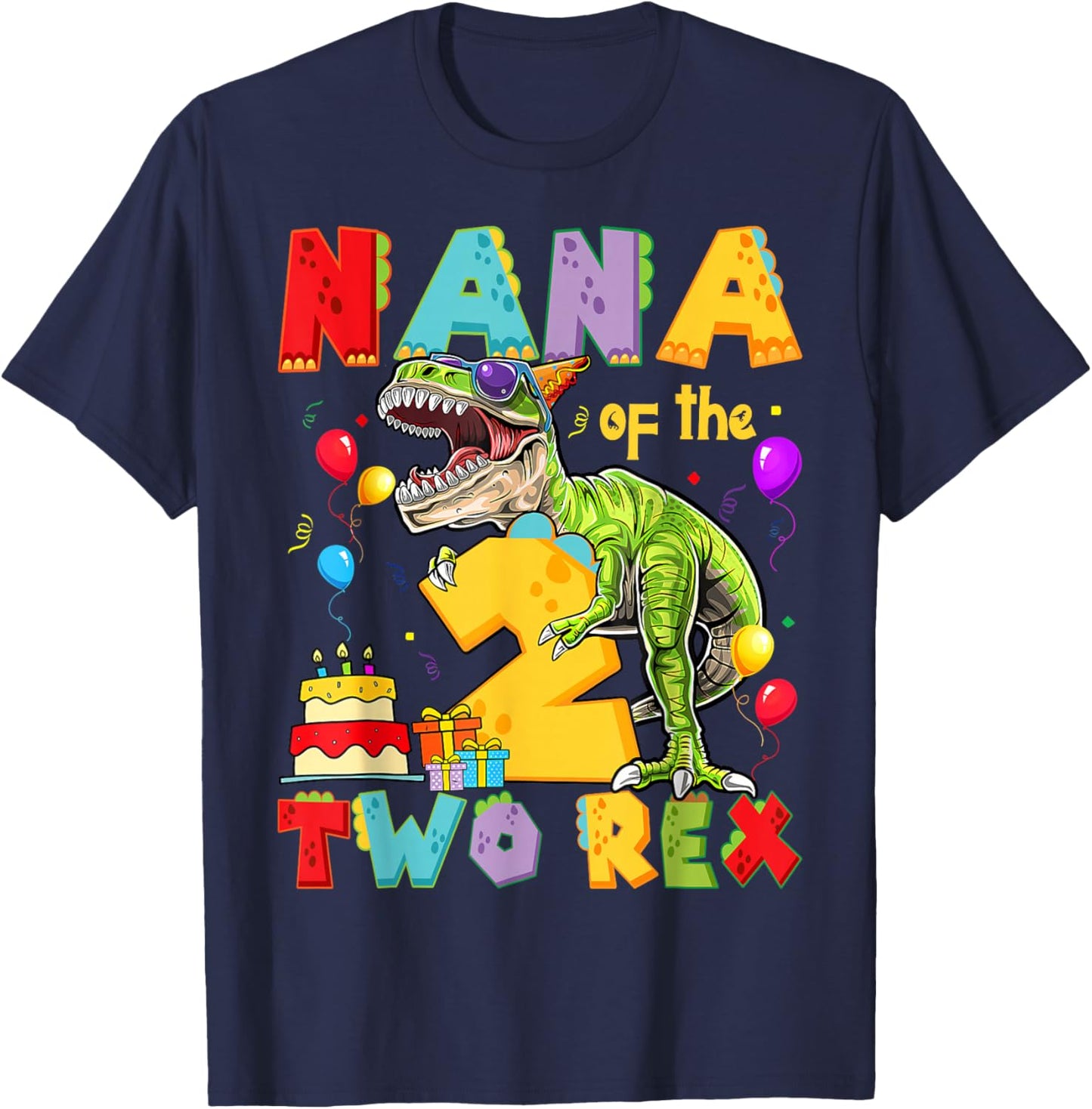 Nana of The Two Rex 2nd Birthday Boy Dinosaur T-Rex T-Shirt - T-Shirt | Navy