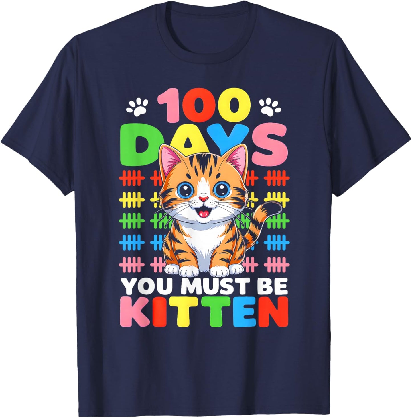 Cute Cat 100 Days of School Girls Kids 100th Day of School T-Shirt - T-Shirt | Navy