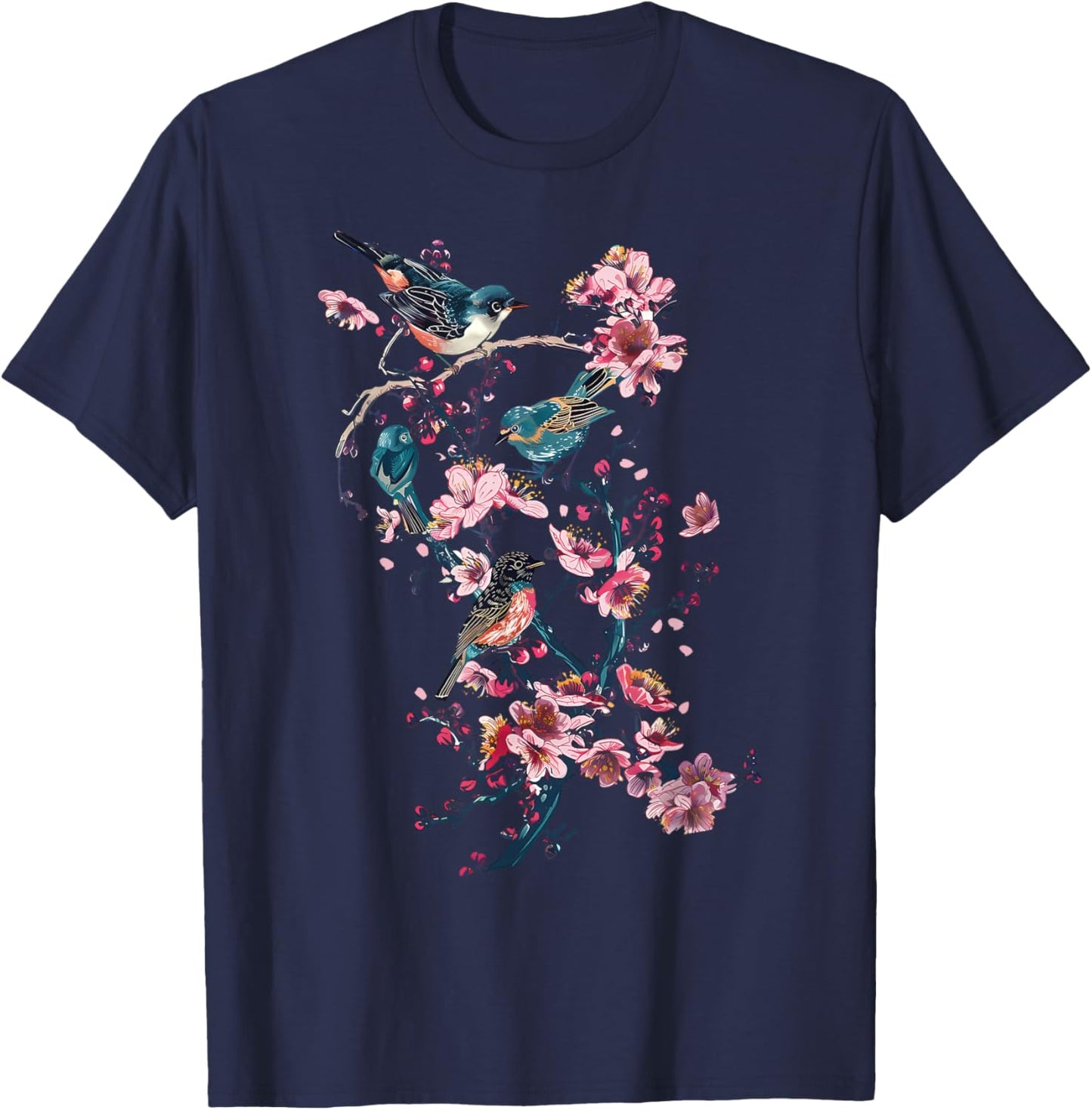 Japanese Birds Cherry Blossom Floral Vintage Woodblock Art T-Shirt - T-Shirt | Navy