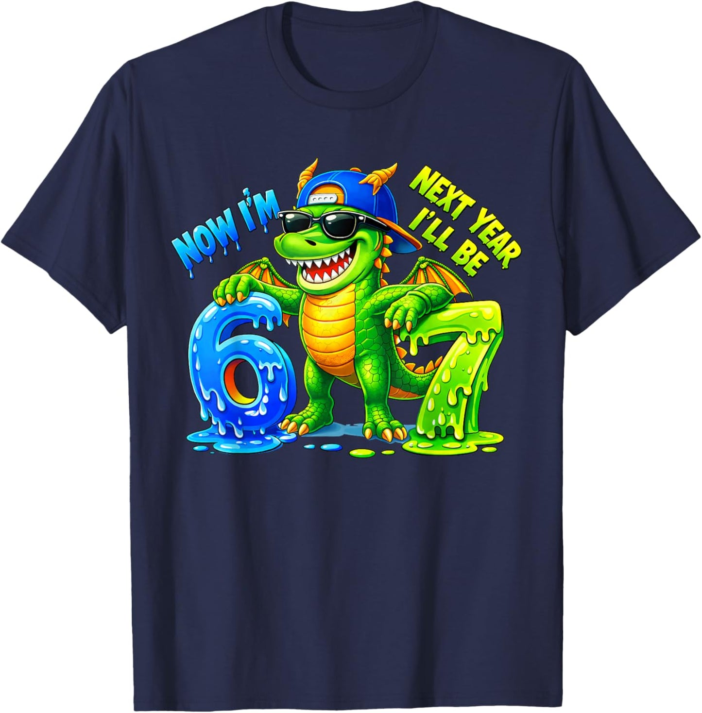 6th Birthday Dragon drip Kids Boys Girls 6 Year Old Party T-Shirt - T-Shirt | Navy