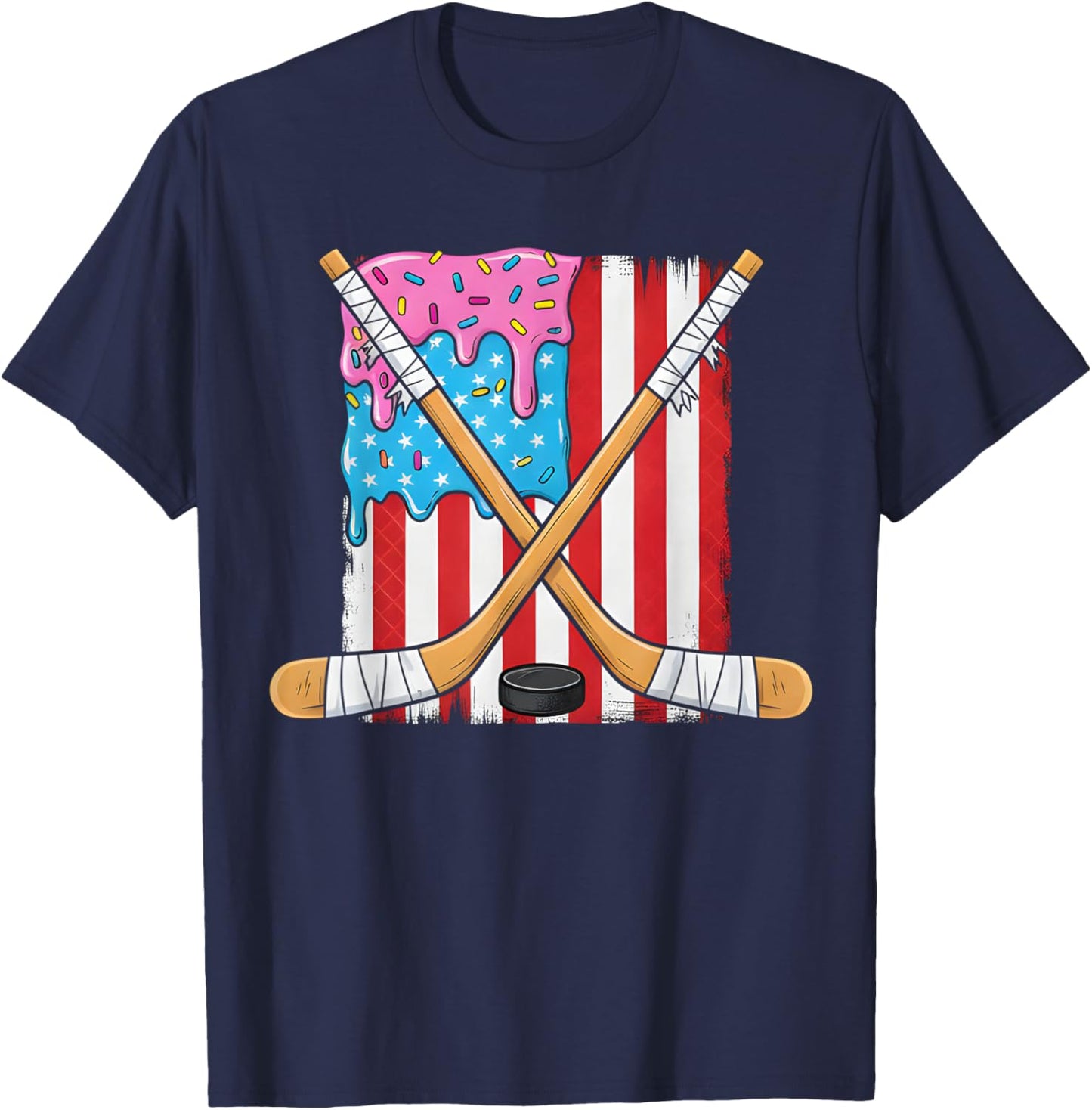 Ice Hockey Ice Cream Drip Boys American Flag Youth Players T-Shirt - T-Shirt | Navy