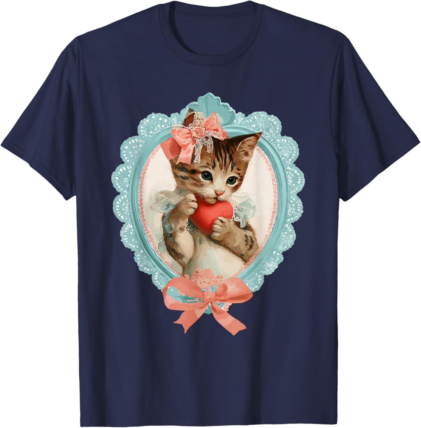 Cute Tabby Cat Valentine Kitty with Heart Vintage Coquette T-Shirt - T-Shirt | Navy