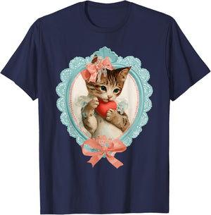 Cute Tabby Cat Valentine Kitty with Heart Vintage Coquette T-Shirt - T-Shirt | Navy