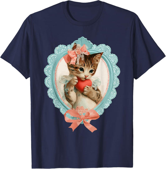 Cute Tabby Cat Valentine Kitty with Heart Vintage Coquette T-Shirt - T-Shirt | Navy