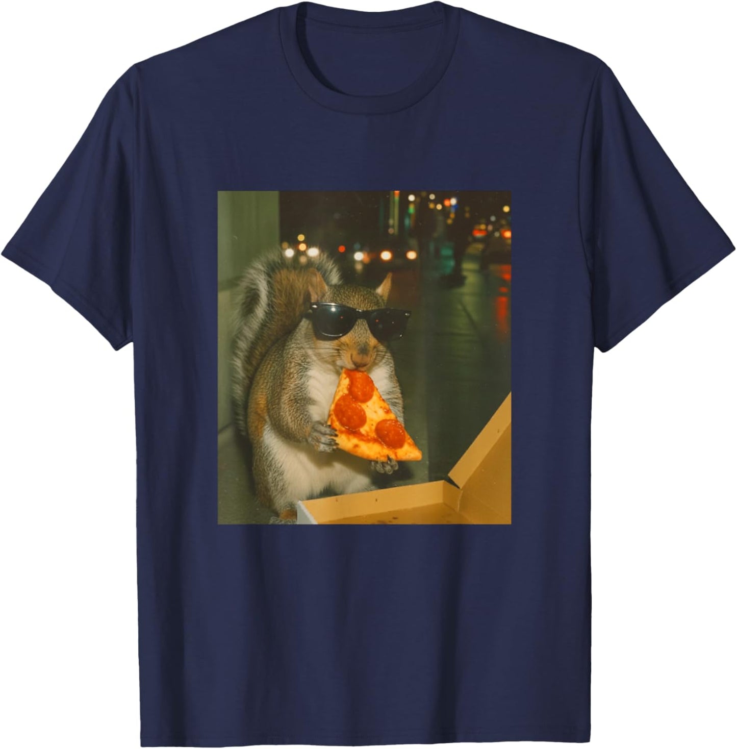 Funny Squirrel Chipmonk Eating Pizza Animal Meme Retro T-Shirt - T-Shirt | Navy