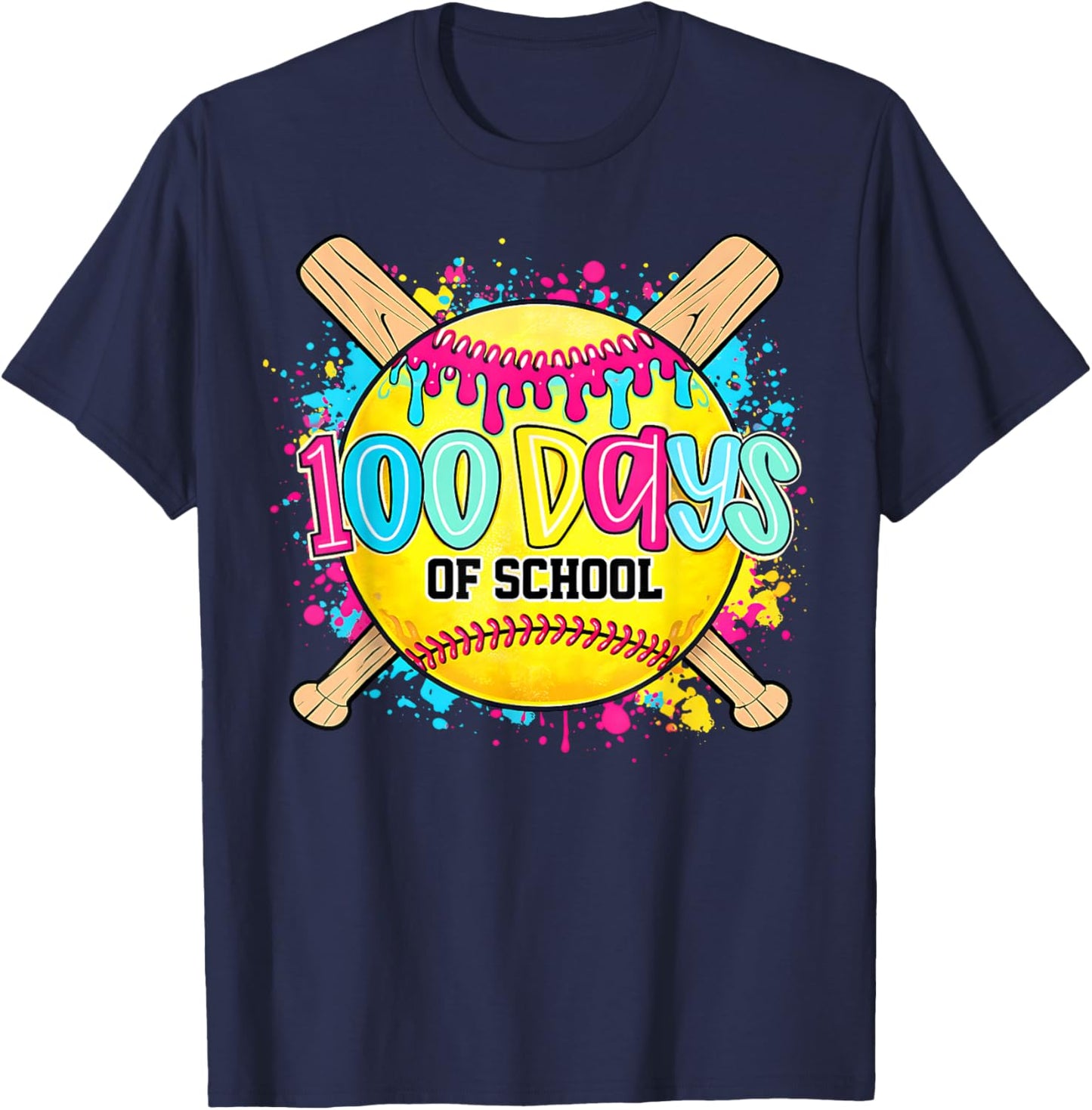 100 Drippy Days of School Softball Dripping 100th Day Girls T-Shirt - T-Shirt | Navy
