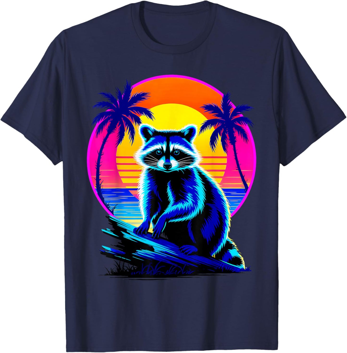 Vintage Retrowave Synthwave 80s Raccoon T-Shirt - T-Shirt | Navy