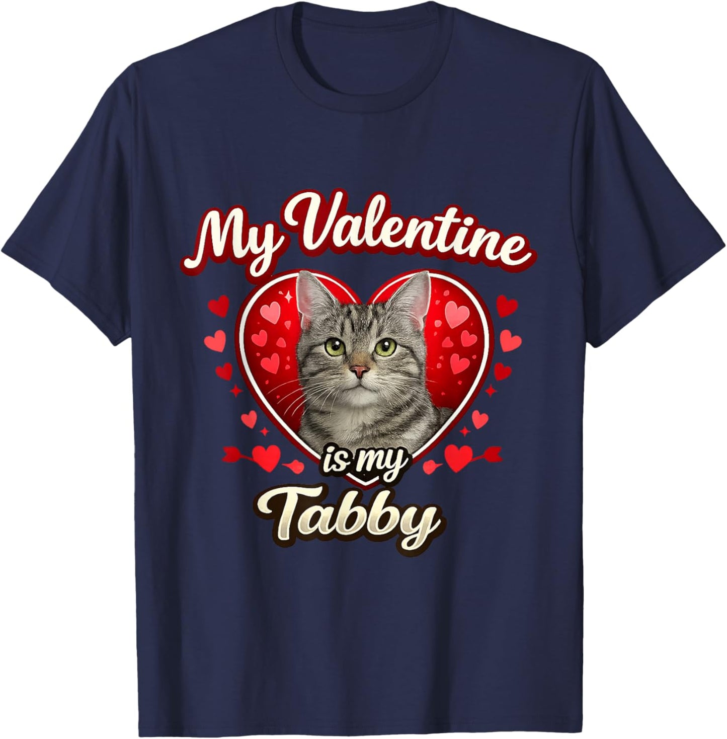 Gray Tabby Cat Valentine Hearts Feline Love Gift T-Shirt - T-Shirt | Navy