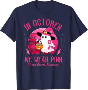 in October We Wear Pink Ghost Witch Breast Cancer Awareness T-Shirt - T-Shirt | Navy