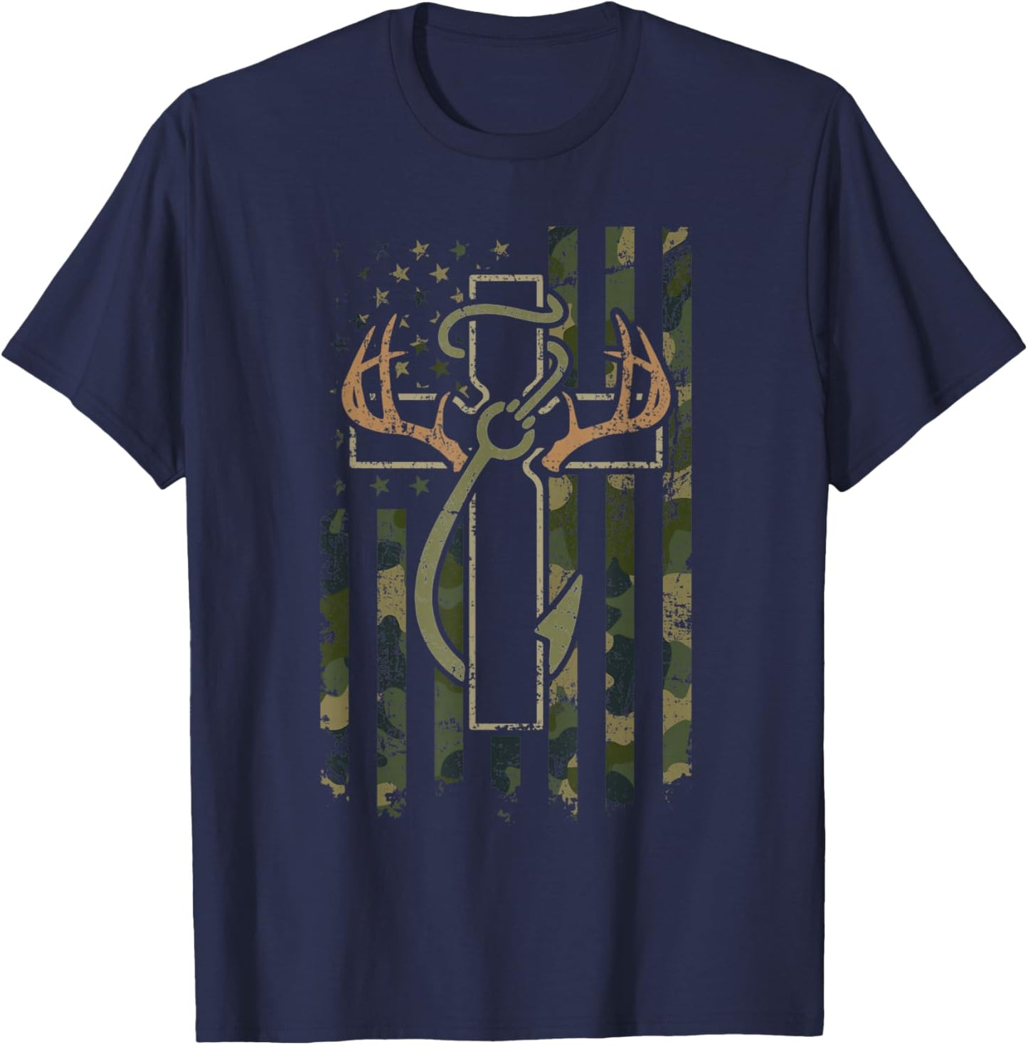Faith Fishing Hunting Camo Us Flag Cross with Hook Christian T-Shirt - T-Shirt | Navy