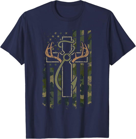 Faith Fishing Hunting Camo Us Flag Cross with Hook Christian T-Shirt - T-Shirt | Navy