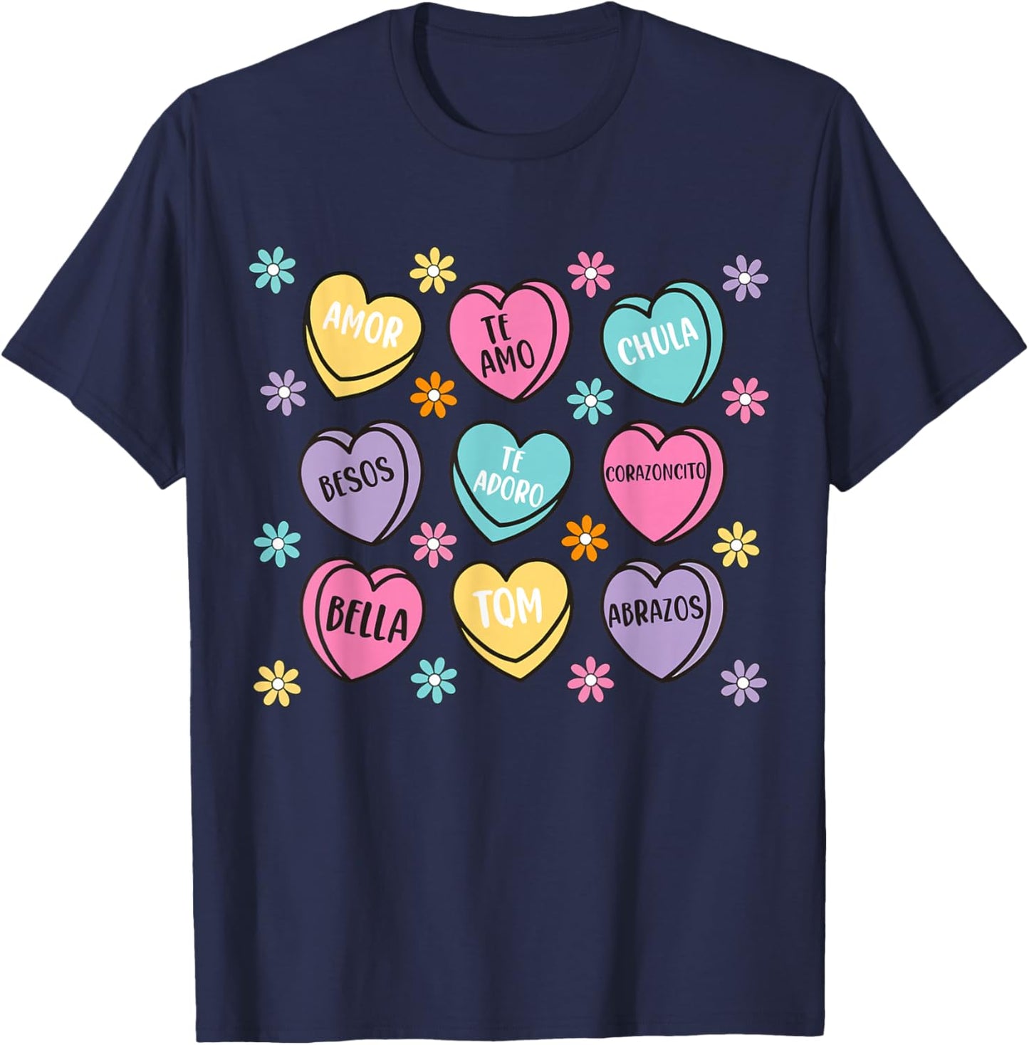 Spanish Valentine Conversation Hearts Feliz San Valentín T-Shirt - T-Shirt | Navy