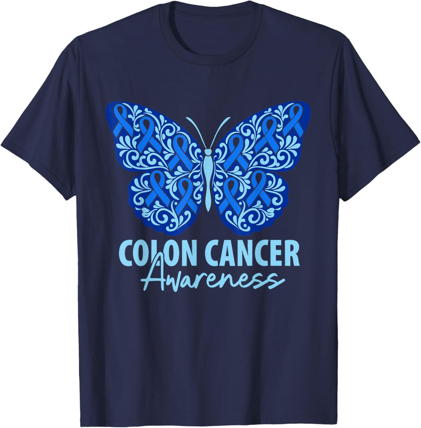 Colorectal Colon Cancer Awareness Blue Ribbon Butterfly T-Shirt - T-Shirt | Navy