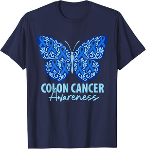 Colorectal Colon Cancer Awareness Blue Ribbon Butterfly T-Shirt - T-Shirt | Navy
