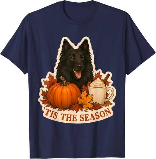 Tis The Season Belgian Sheepdog Dog Fall Autumn Pumpkin Cute T-Shirt - T-Shirt | Navy