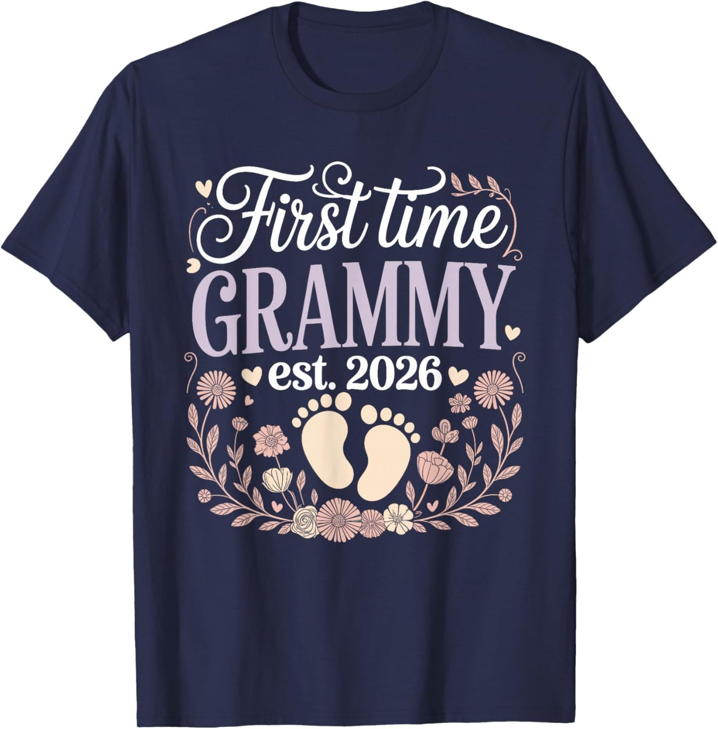 First Time Grammy Est 2026 Floral Baby Reveal T-Shirt - T-Shirt | Navy