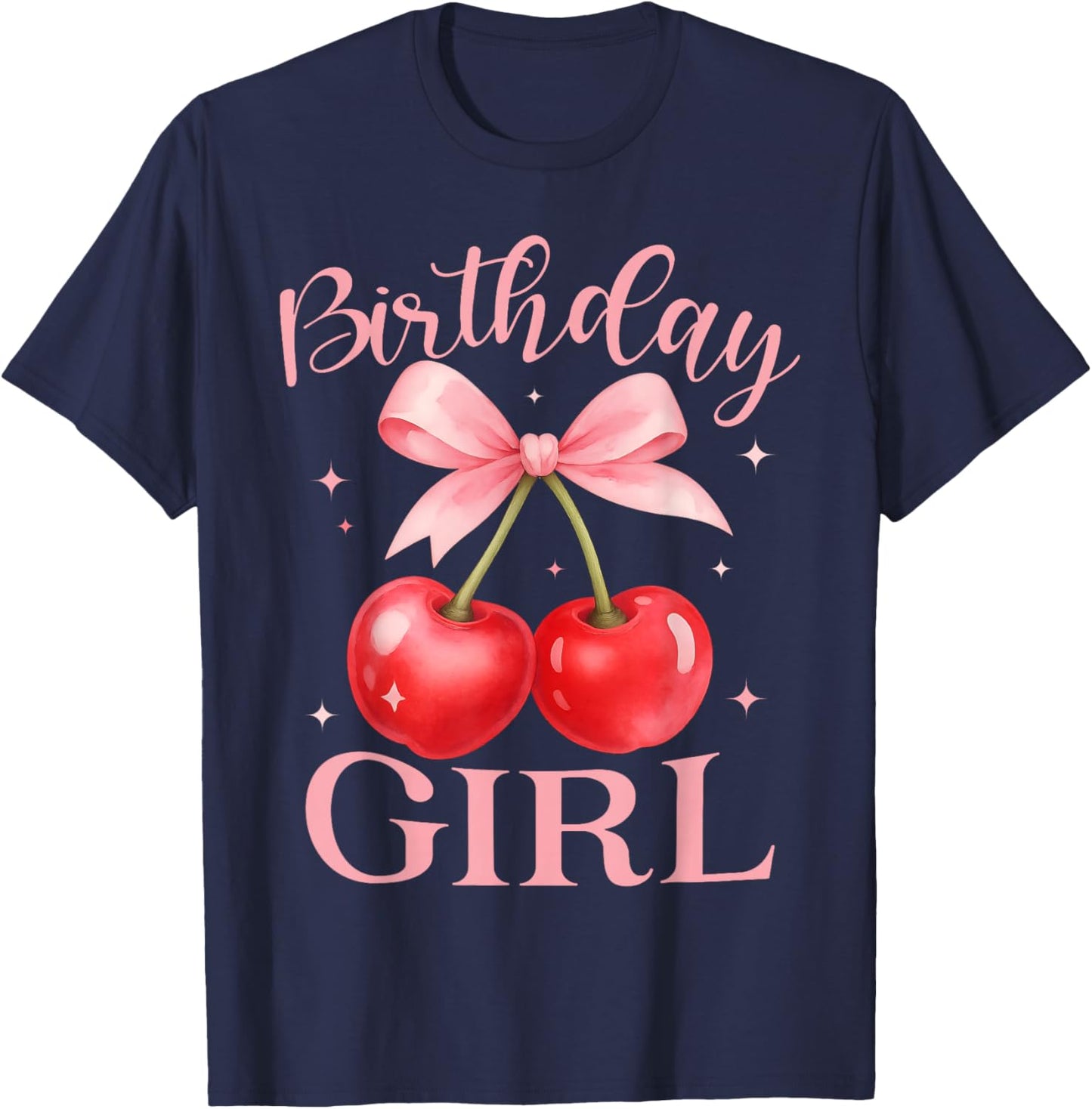 Birthday Girl Cute Coquette Bow Cherry Birthday Girl Kids T-Shirt - T-Shirt | Navy