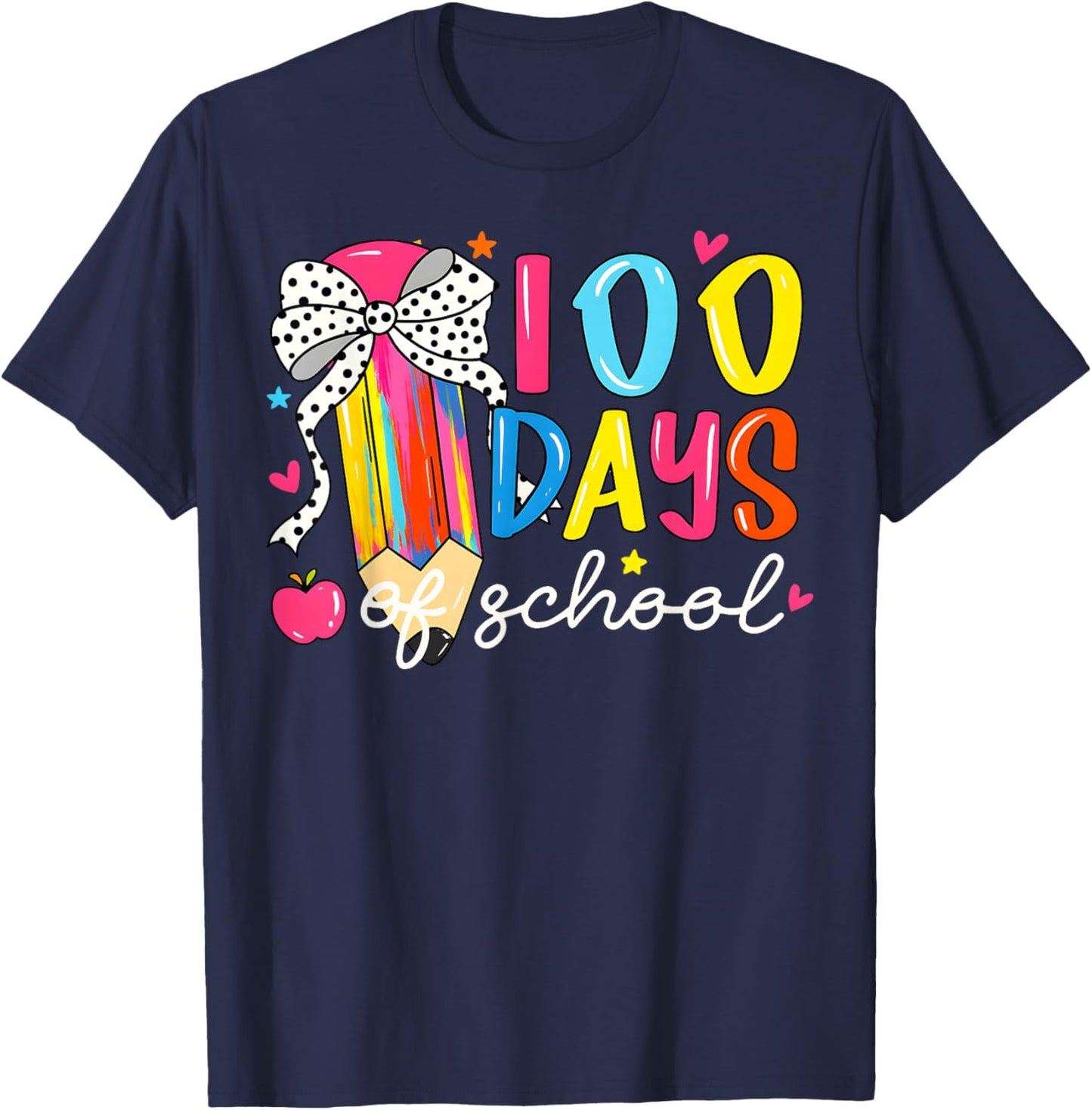 100 Days of School Coquette Pencil Bow Girl Women Teacher T-Shirt - T-Shirt | Navy