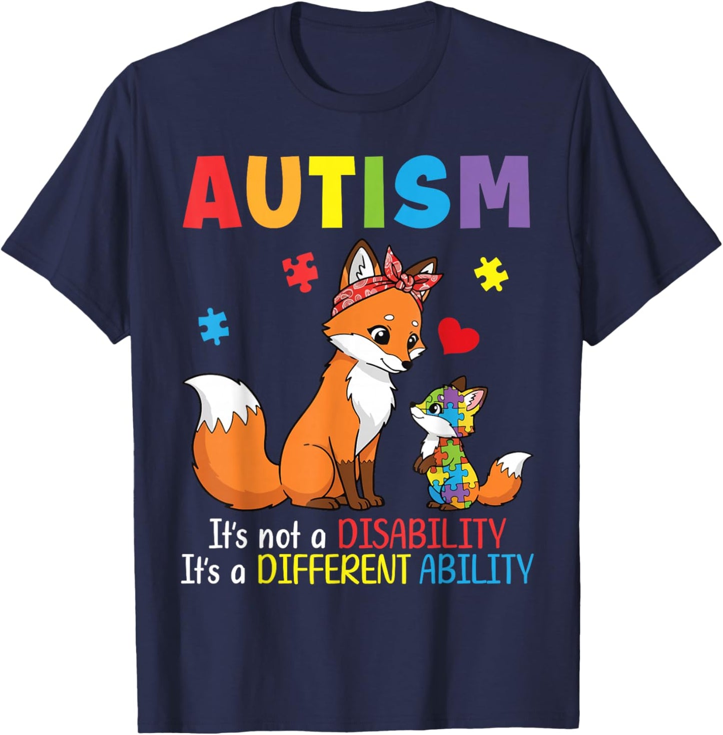 Autism Awareness Mother Fox Different Ability Puzzle Piece T-Shirt - T-Shirt | Navy