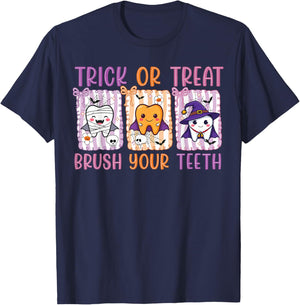 Trick Or Treat Brush Your Teeth Dental Hygienist Halloween T-Shirt - T-Shirt | Navy