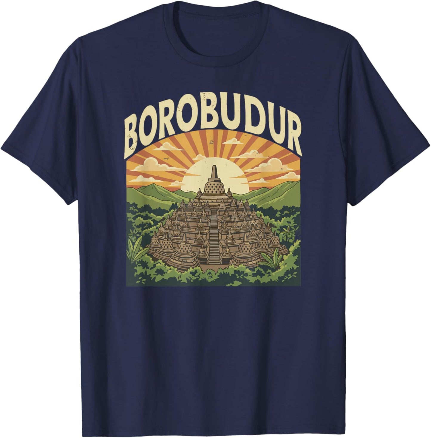 Borobudur, Retro Indonesian Buddhist Temple Sunset Forest T-Shirt - T-Shirt | Navy