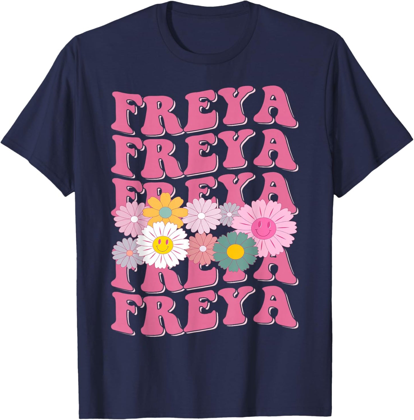 Girl Retro Freya First Name Personalized Groovy 80's T-Shirt - T-Shirt | Navy
