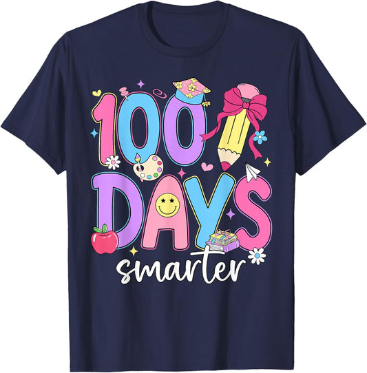 Preppy 100 Days of Smarter Boys Girls Kid 100 Days of School T-Shirt - T-Shirt | Navy