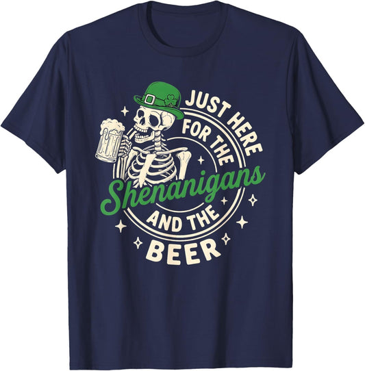 Retro Skeleton Just Here for Shenanigans and Beer St. Paddys T-Shirt - T-Shirt | Navy