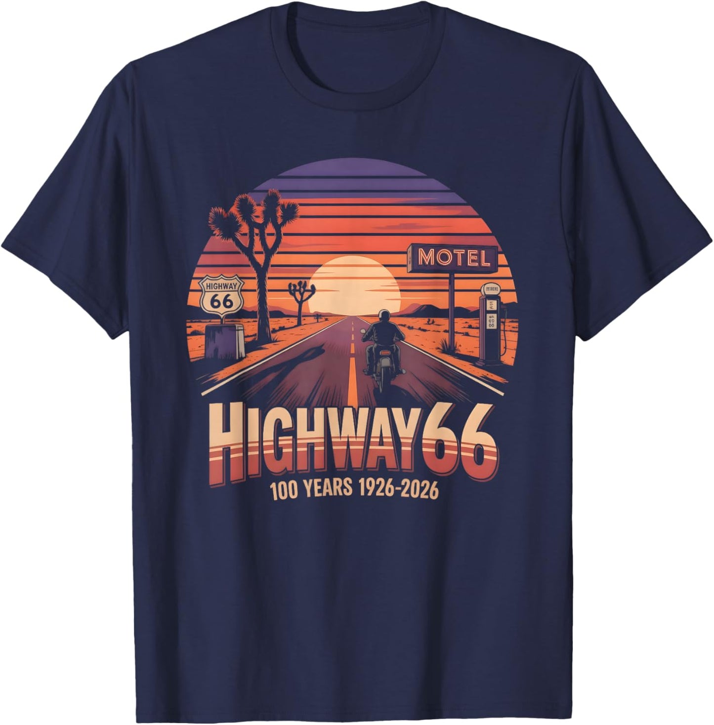 Highway 66 100 Years 1926-2026 Biker Centennial Anniversary T-Shirt - T-Shirt | Navy