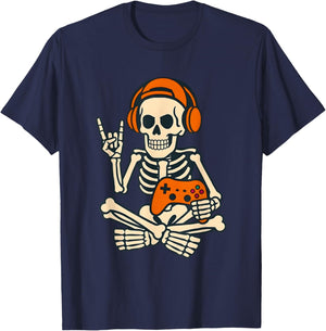 Halloween Skeleton Gamer Video Gaming Boys Men Kids T-Shirt - T-Shirt | Navy