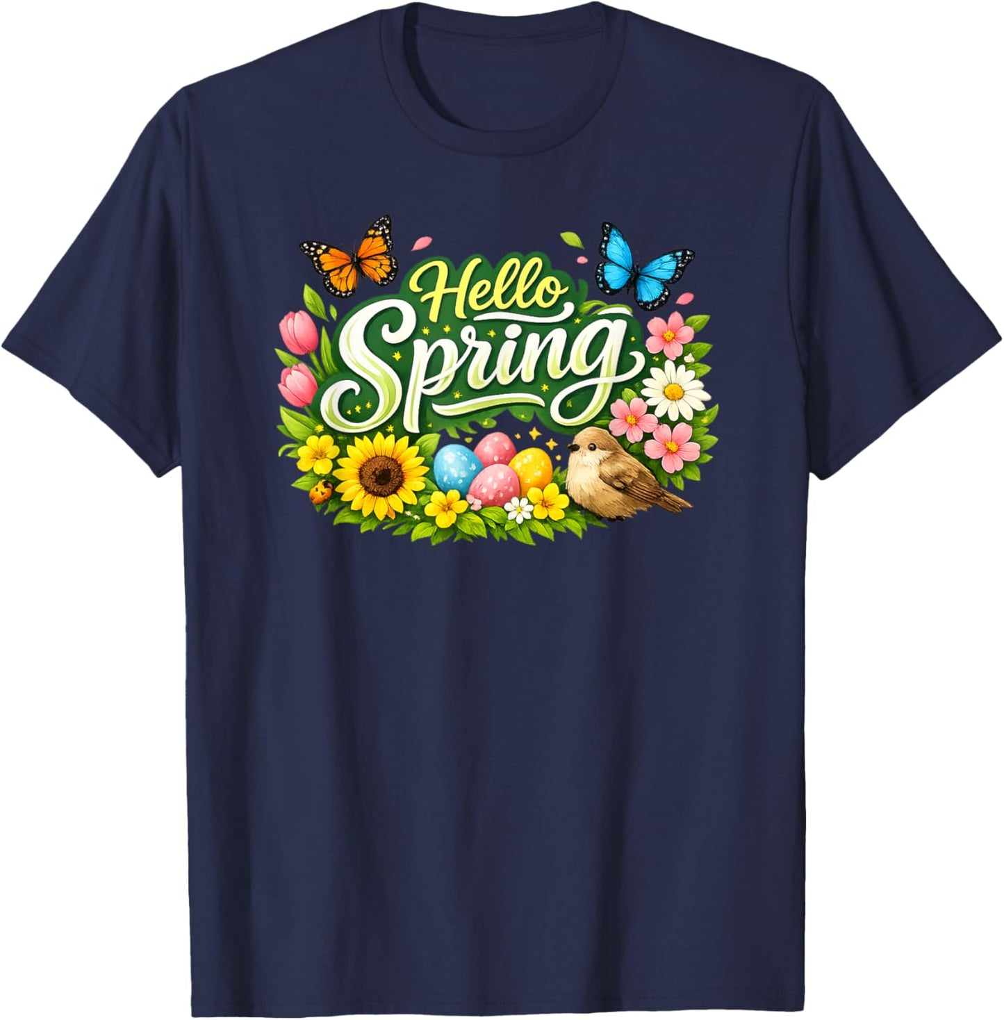 Hello Spring Floral Design with Flowers Butterflies and Bird T-Shirt - T-Shirt | Navy