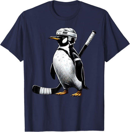 Cool Animal Penguin Playing Hockey Player Sport Lover T-Shirt - T-Shirt | Navy